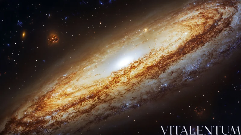 Spiral galaxy edge with bright core and dense dust lanes.