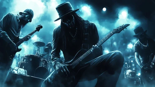 Guitarist kneels on stage amid blue-tinged rock band lighting