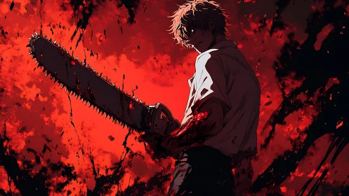 Grim chainsaw fighter stands strong in a blazing red storm