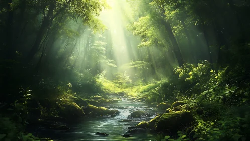 Enchanted Forest Stream with Radiant Sunlight Piercing Through Verdant Canopy