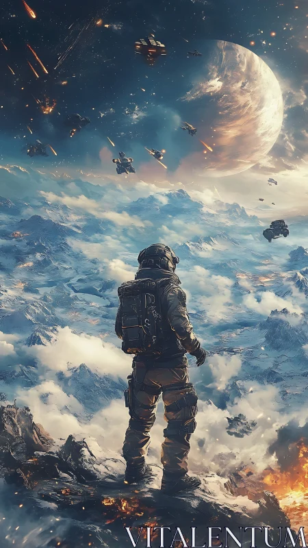 Solitary astronaut surveys burning alien battlefield sky