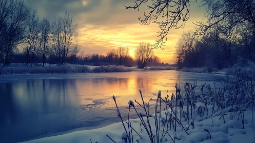 Frozen river at winter sunset rendered in soft photoreal detail