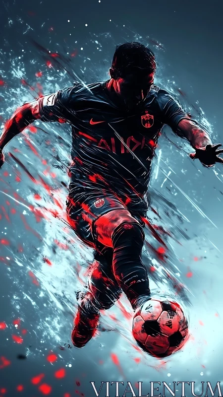 Dynamic footballer bursts forward in a streak of blazing color