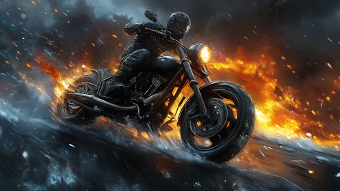 Motorcyclist riding through water with surrounding flames.