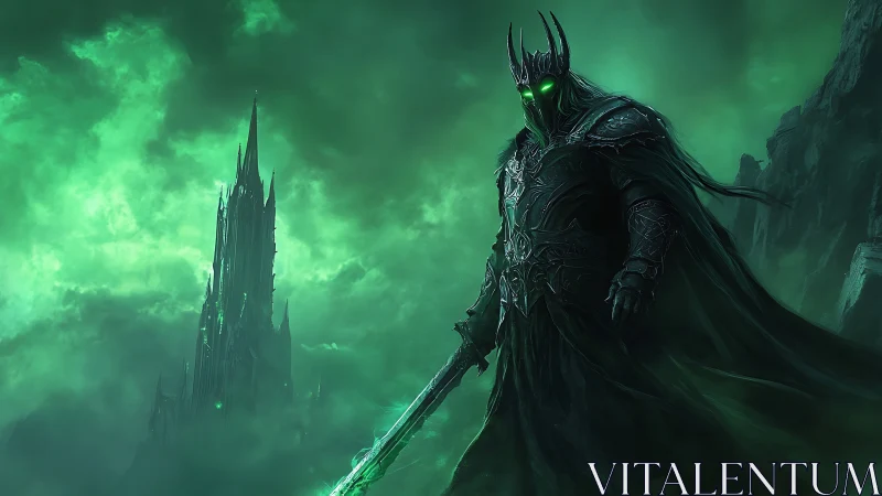 Armored dark warlord stands before towering green citadel