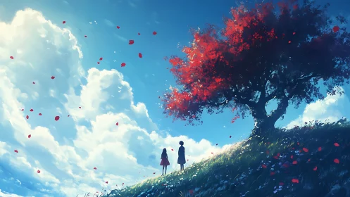 Vivid red tree crowns two silhouetted figures under expansive clouds