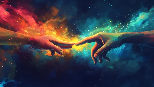 Two extended hands approach within a diffuse, colored nebula