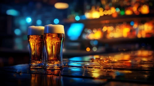 Twin pint glasses of golden beer on wet bar counter, bokeh