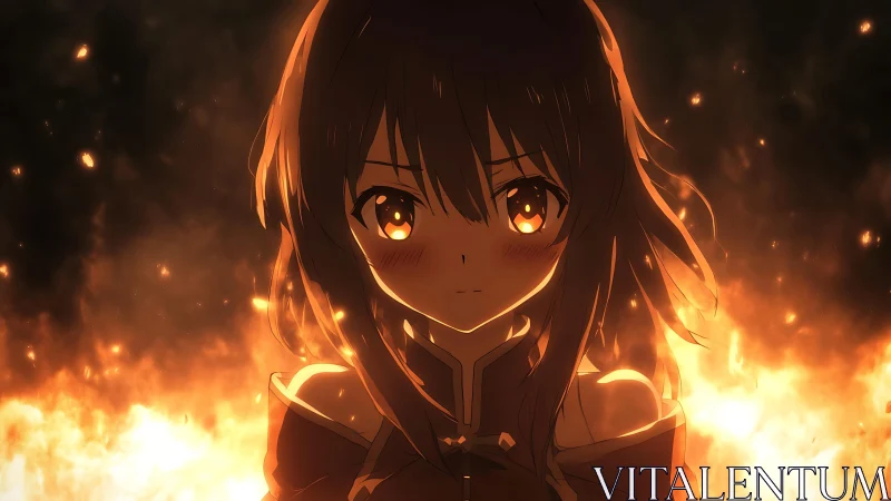 Firelit anime heroine holding steady in a storm of embers.