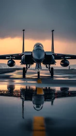 Front view military jet on wet runway at overcast sunset.