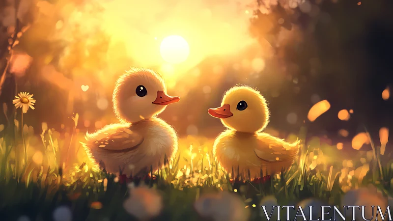 Sunlit duckling friends sharing a golden meadow moment.