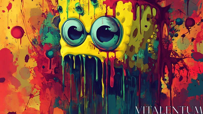 Neon drip portrait of cartoon sponge face in liquid acrylics