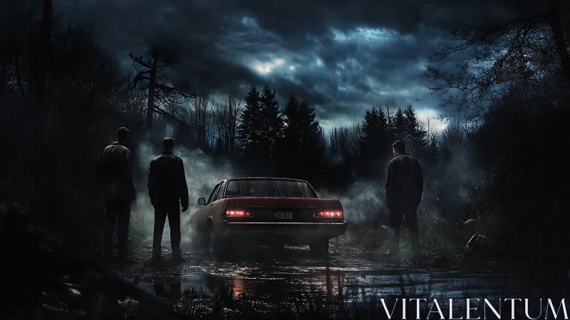 Three men surround car on wet forest road under storm clouds