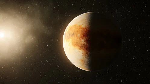 Illuminated exoplanet with rust-toned surface in deep starfield.