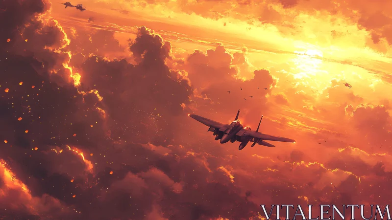 Twin-engine jet aircraft formation in dense sunset clouds.