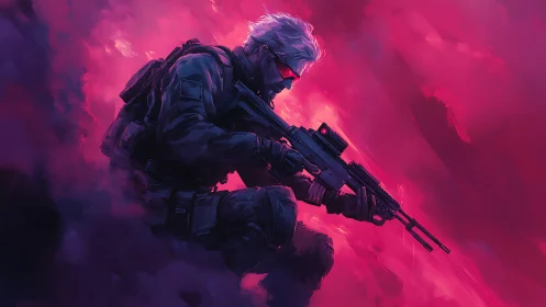 Tactical sniper crouched in neon magenta combat haze.