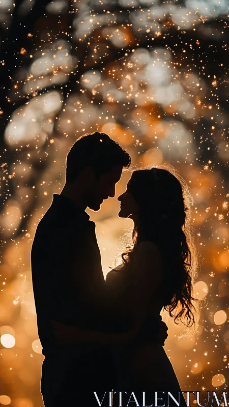 Silhouetted couple gazes intimately amid golden bokeh lights and clouds