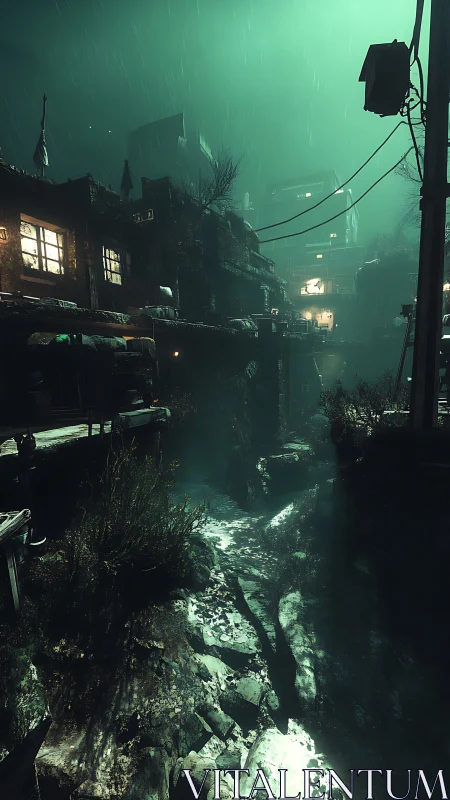 Rain-soaked cyberpunk alley with canal and neon glow.