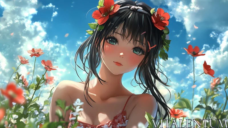 Anime floral portrait in luminous summer field composition.