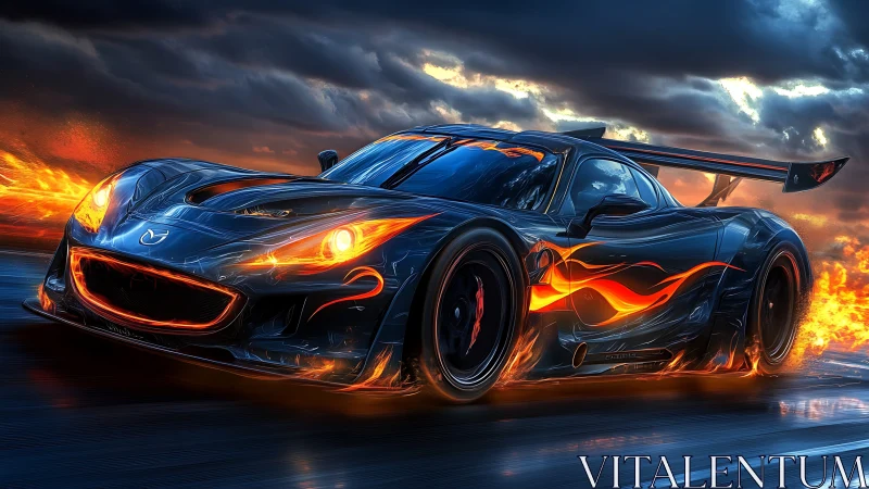 Flaming black race car in dynamic digital motion render.