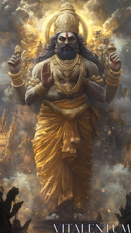 Colossal golden deity figure stands before dense temple city