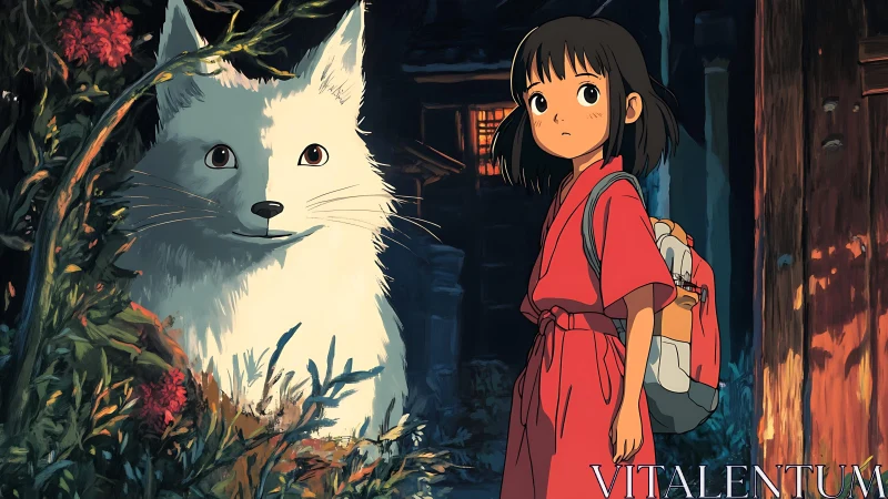 Gentle forest spirit meets a curious girl at twilight