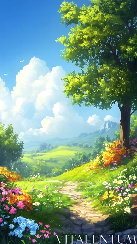 Sunlit hillside path with wildflowers and distant valleys.