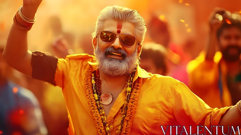 Sunlit elder dances through saffron-soaked festival joy.