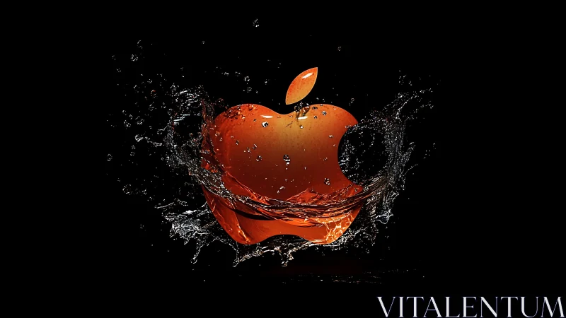 Orange apple emblem with dynamic water splash on black.