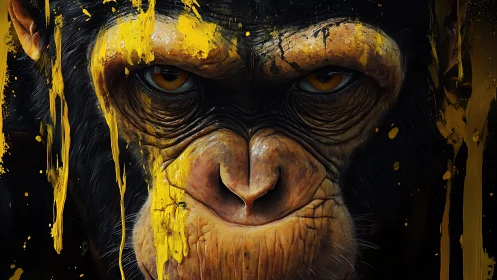 Hyperreal chimpanzee portrait with expressive yellow paint drips