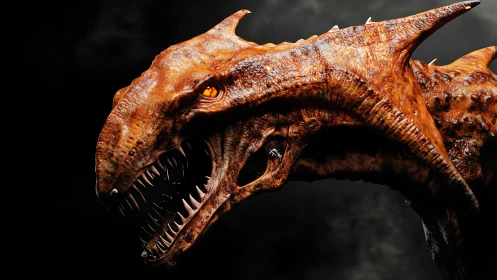 Fiery-eyed dragon profile glowing against a shadowy sky.