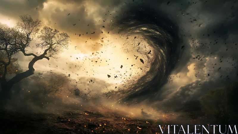 Stormlit vortex swirling through a wild twilight landscape.