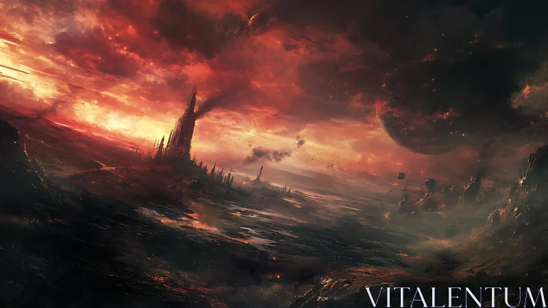 Desolate alien landscape under burning red sky.