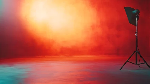Photo studio light against vivid red orange backdrop.