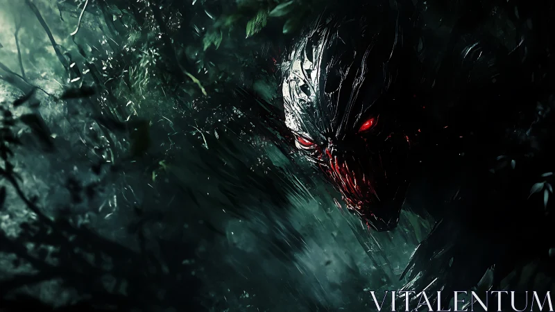 Dark metallic creature with red eyes emerging from forest.