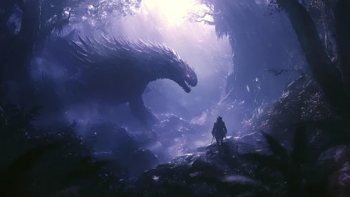 Giant shadow dragon confronts lone warrior in misty forest.