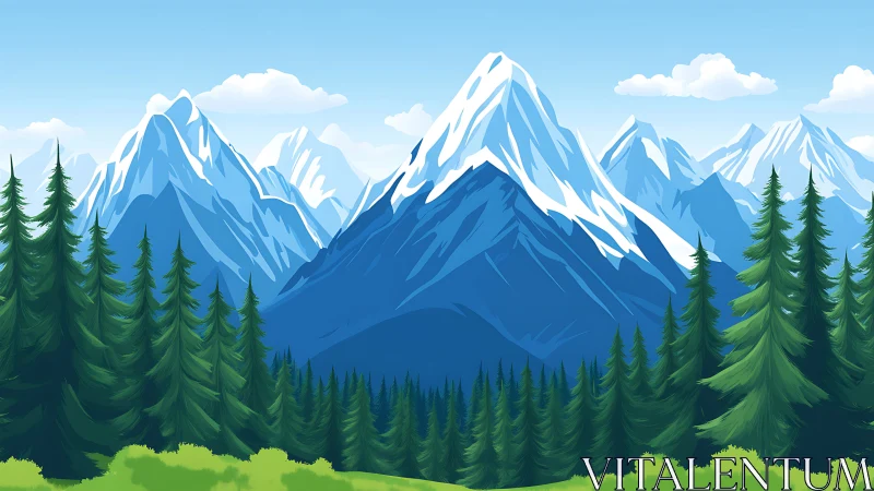Snowy mountain range behind dense evergreen forest scene.