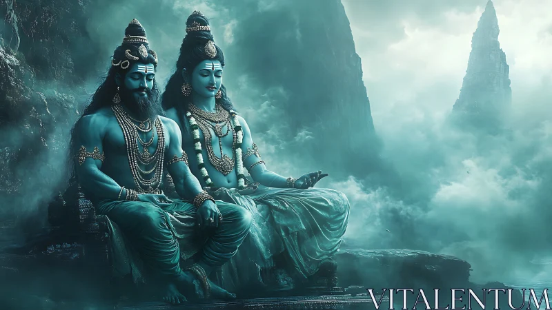 Divine couple meditates in misty mountains of ethereal teal