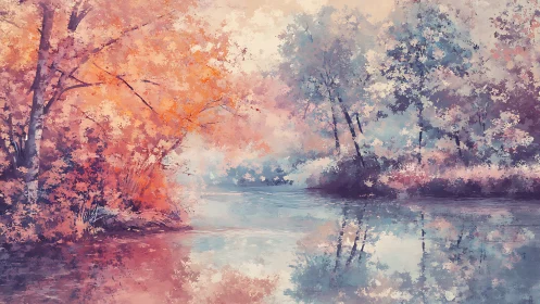 Riverbank trees display pastel foliage reflected in calm water