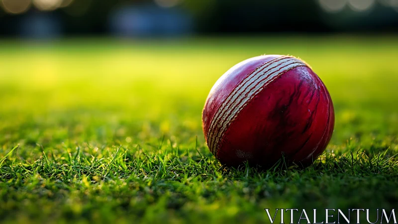 Red cricket ball glows on vivid green outfield at dusk.