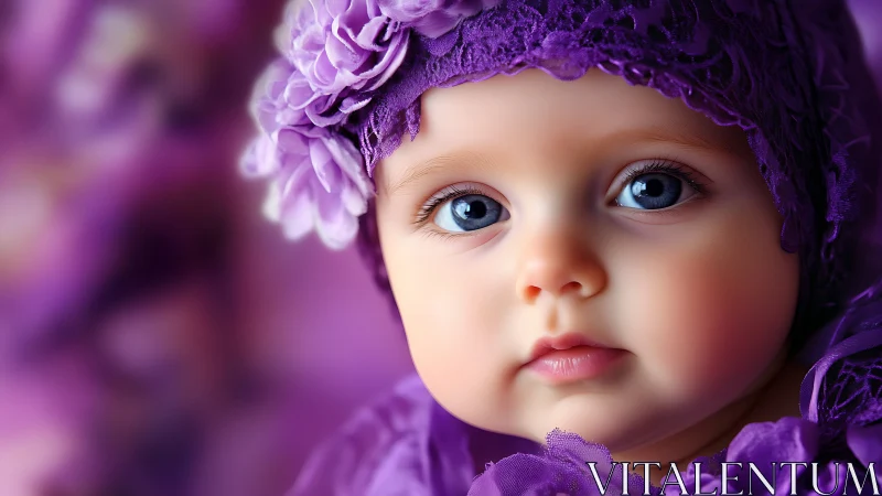 Infant with Blue Eyes Wearing Purple Decorative Headwear