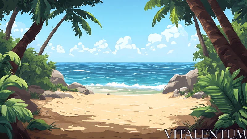 Tropical Beach Cove with Palm Trees and Ocean Vista.