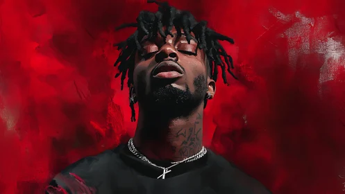 Portrait of pensive man against vivid red painted background