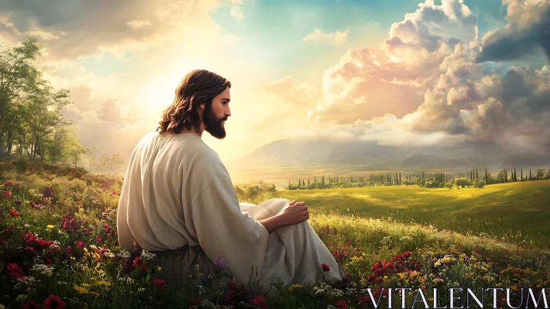 Gentle robed figure rests peacefully in a sunlit wildflower field