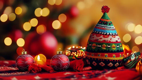 Festive knit Christmas cone with red ornaments and candle.