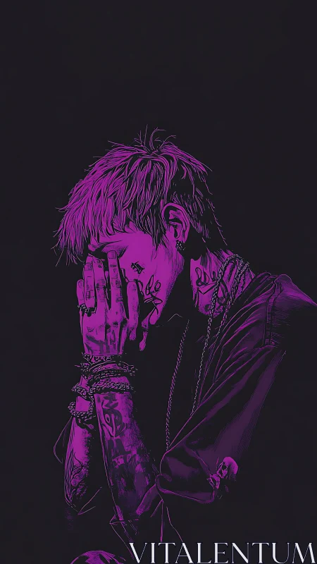 Neon inked loner praying in ultraviolet midnight hush.