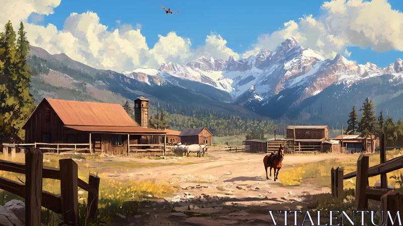 Sunlit mountain ranch where quiet horses meet open sky.