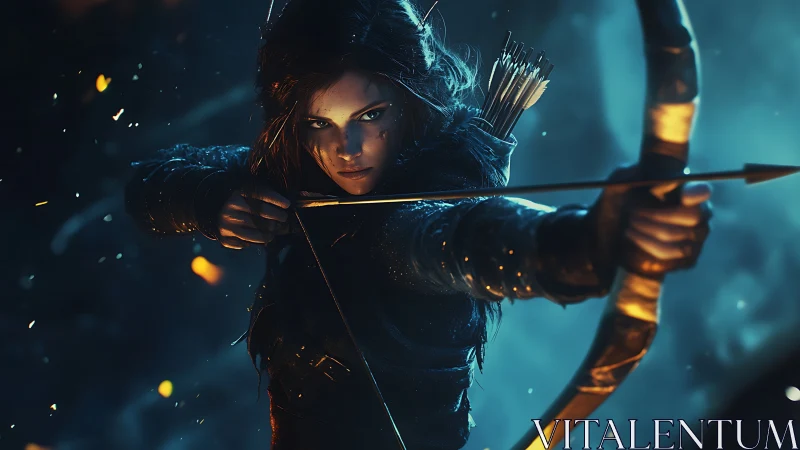 Cinematic digital archer aiming bow in ember lit battlefield