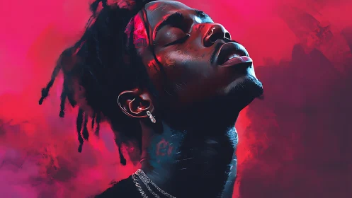 Velvet neon calm around a soulful moment of surrender.