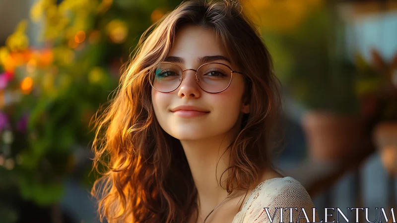 Young woman with glasses in soft outdoor evening light.